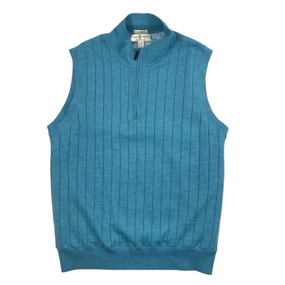Fairway & Greene Light Blue Italian Merino Lined Windvest Mens Large L 1/4 Zip